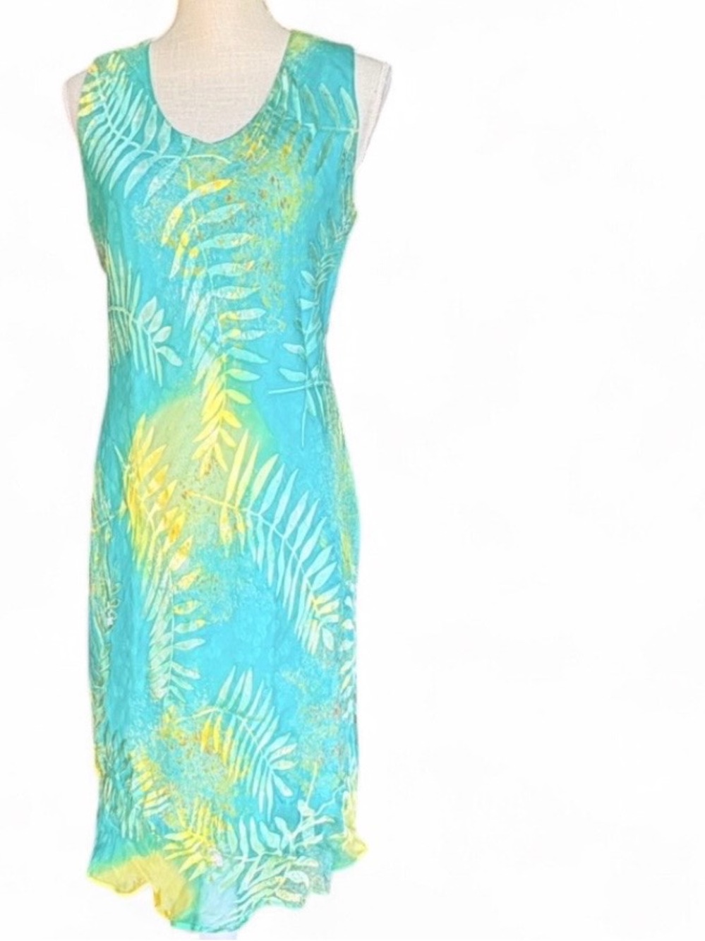Women’s Turquoise Leaf-Print Midi Dress - Sleeveless